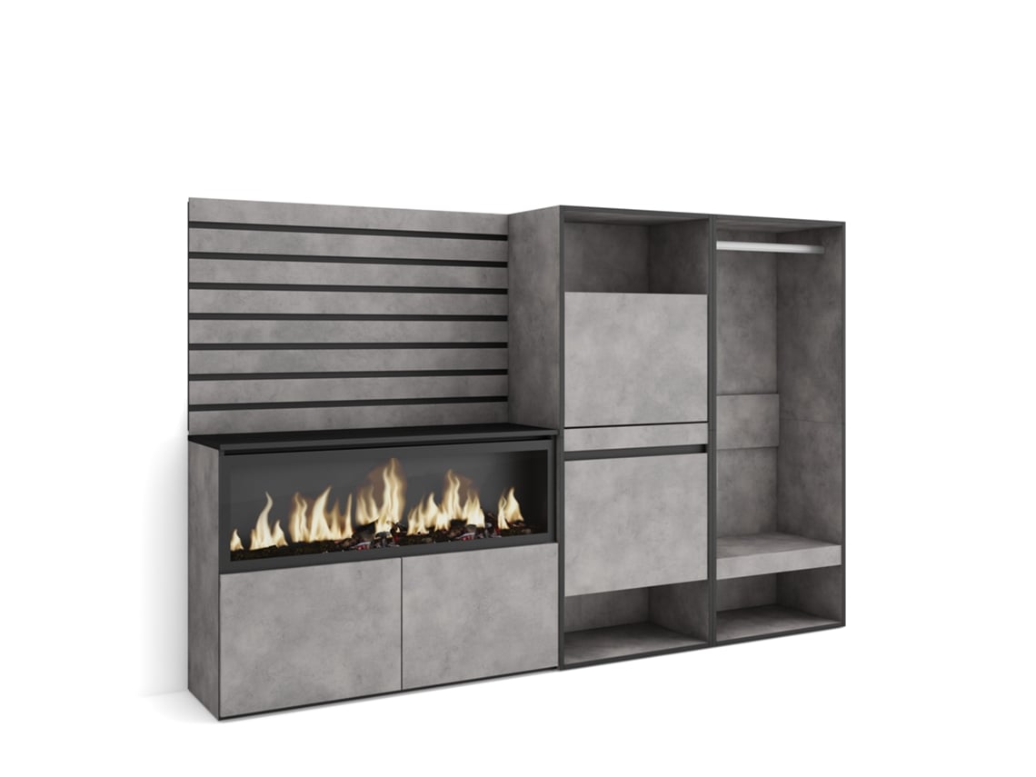 Aparador, aparador | Amplio espacio de almacenamiento | 227 x 145 x 35 cm | Para dormitorio | Chimenea eléctrica XXL | Zapatero | Armario abierto | Cemento Duérmete Online