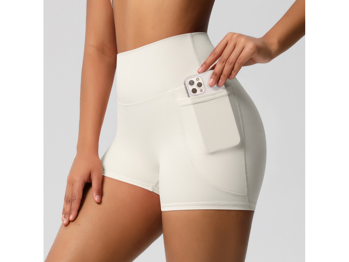 Pantalones Cortos De Yoga Para Mujer Con Bolsillo Lateral Para Teléfono Móvil, Cintura Alta, Para Yoga Y Ejercicio Físico (blanco Marfil), Talla Xl Czhhmart