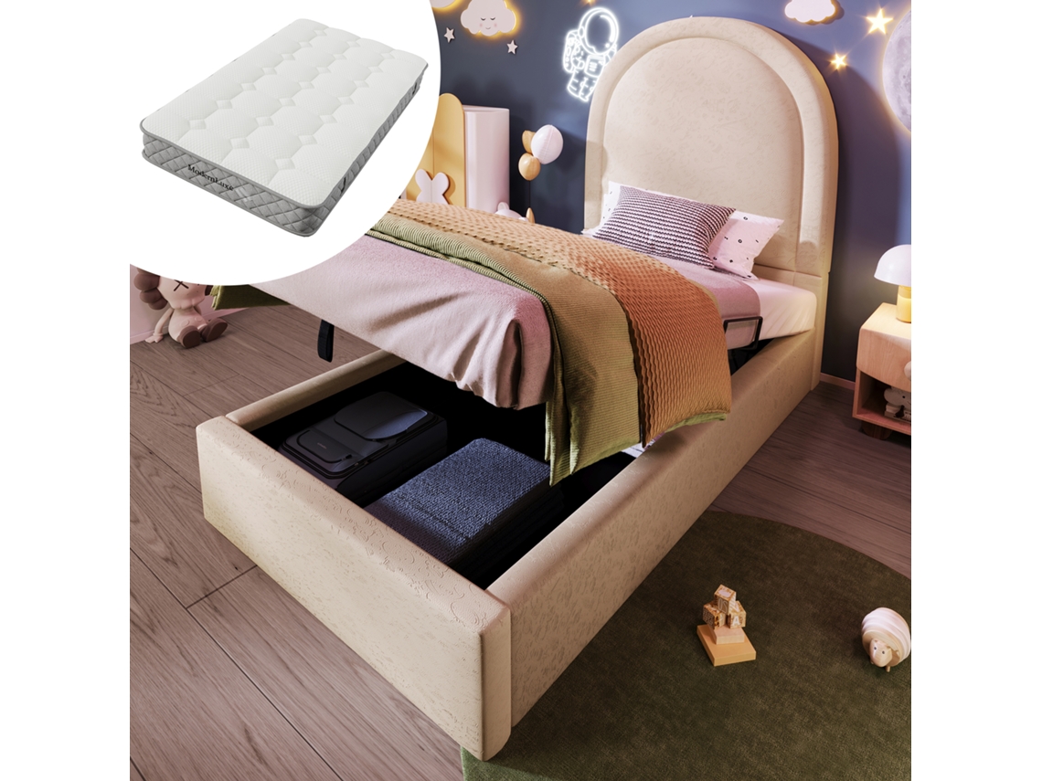 Cama Infantil De 90x200 Cm, Tapizada En Poliuretano Color Beige Con Estampado De Cielo Estrellado. Incluye Colchón.