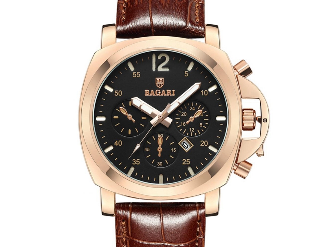 Reloj De Pulsera Redondo Bagari De Moda Correa Pu Dial Simple Cuarzo Oro Rosa Marrón