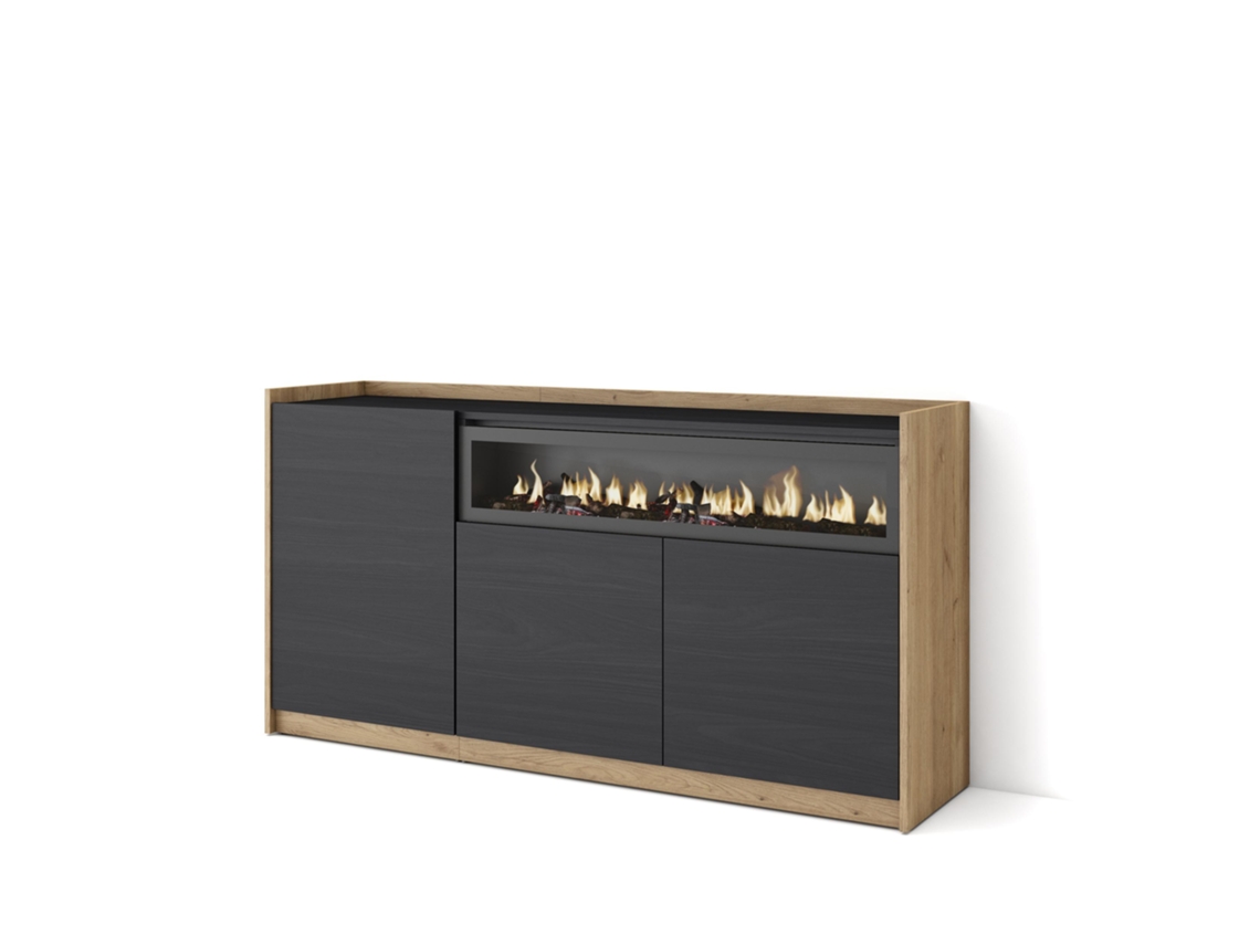 Aparador de comedor, 156x37x80cm, 3 puertas, chimenea eléctrica, negro y roble.