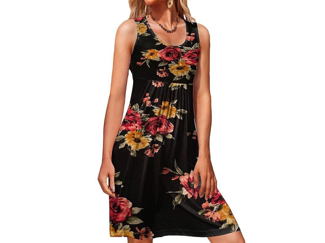 Vestido De Tirantes Informal Para Mujer Con Cuello Redondo, Estampado Y Estilo Swing.