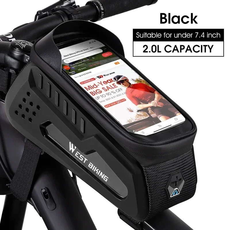 (azul) Bolsa De Bicicleta De Tpu Con Carcasa Rígida, Pantalla Táctil, Soporte Para Teléfono Y Barra Transversal Frontal Impermeable.
