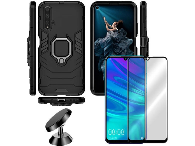Kit Carcasa, Protector de Cristal 5D y Soporte Honor 20 Military Defender Negro