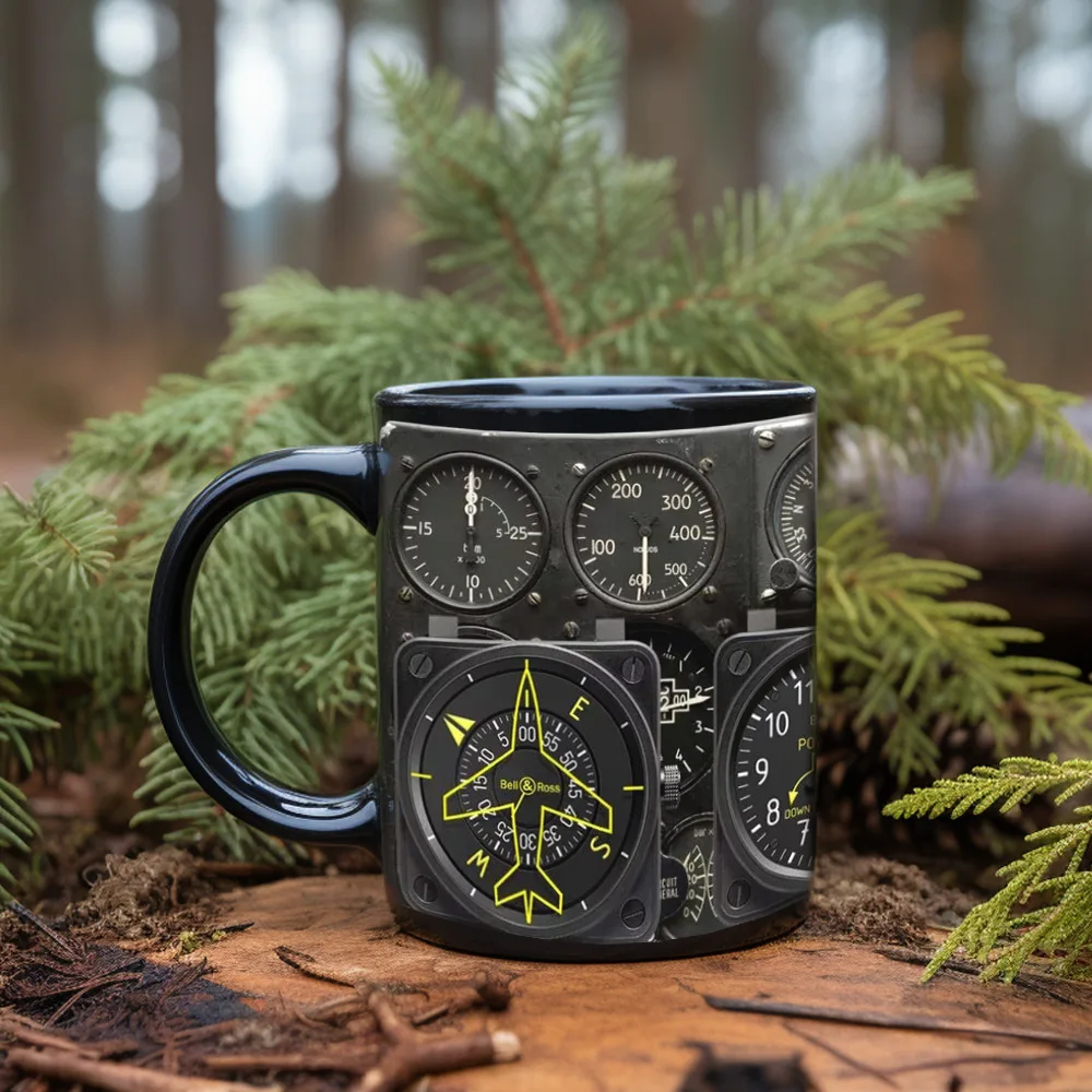 Taza de cerámica negra con diseño de panel de avión, taza de té y leche 3D, taza de desayuno creativa MDUG (Estilo 1 330 ml)