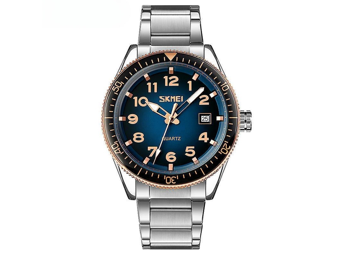 Reloj de pulsera para hombre, analógico, de cuarzo, resistente al agua, esfera de oro rosa, esfera azul, correa circular de acero
