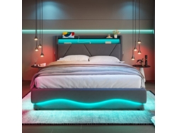 Cama Tapizada 140x200 Cm - Cabezal Con Led Y Superficies De Almacenamiento, Sistema De Somier A Gas, Puertos Usb Certificados, Bolsillos Laterales - Gris