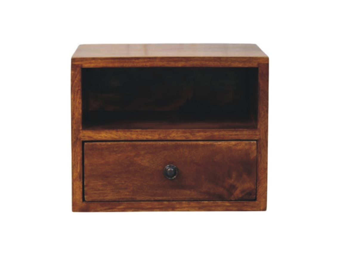 Mesita de noche de madera maciza de pared con 1 cajón y compartimento abierto, color castaño oscuro, ARTISAN FURNITURE EST 1995 TM