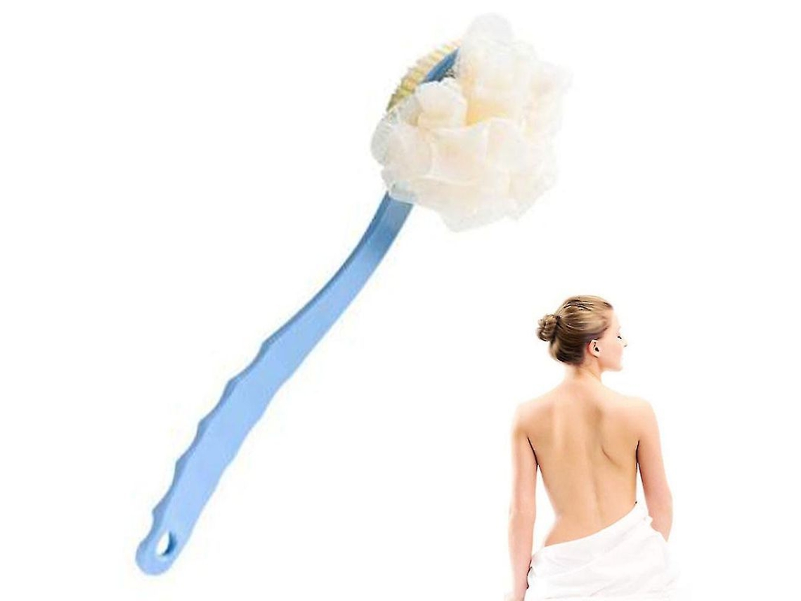 Cepillo De Baño Con Cerdas De Acero Y Esponja, De Color Azul, Con Mango Largo Y Doble Función Para Pieles Sensibles.