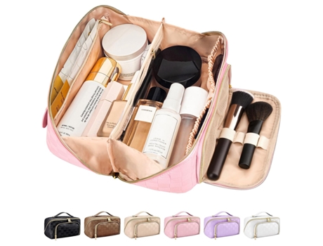 Bolsa de maquillaje de viaje para mujer bolsa de cosméticos a cuadros impermeable de piel sintética de gran capacidad bolsa portátil bolsa de aseo ...