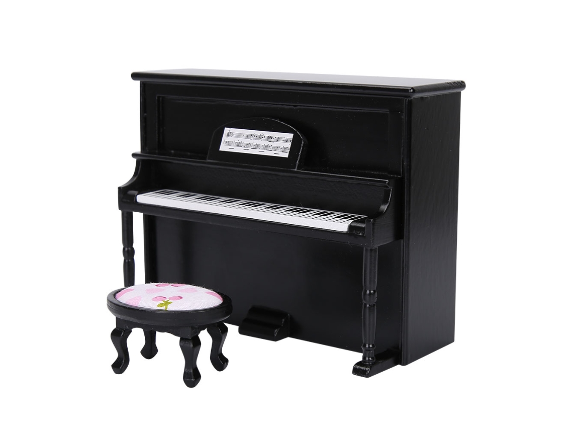 Ats-accesorios Para Casa De Muñecas, Modelo De Piano Vertical Mini Con Taburete, Mueble Simulado Negro, Juguete De Piano Vertical Mini