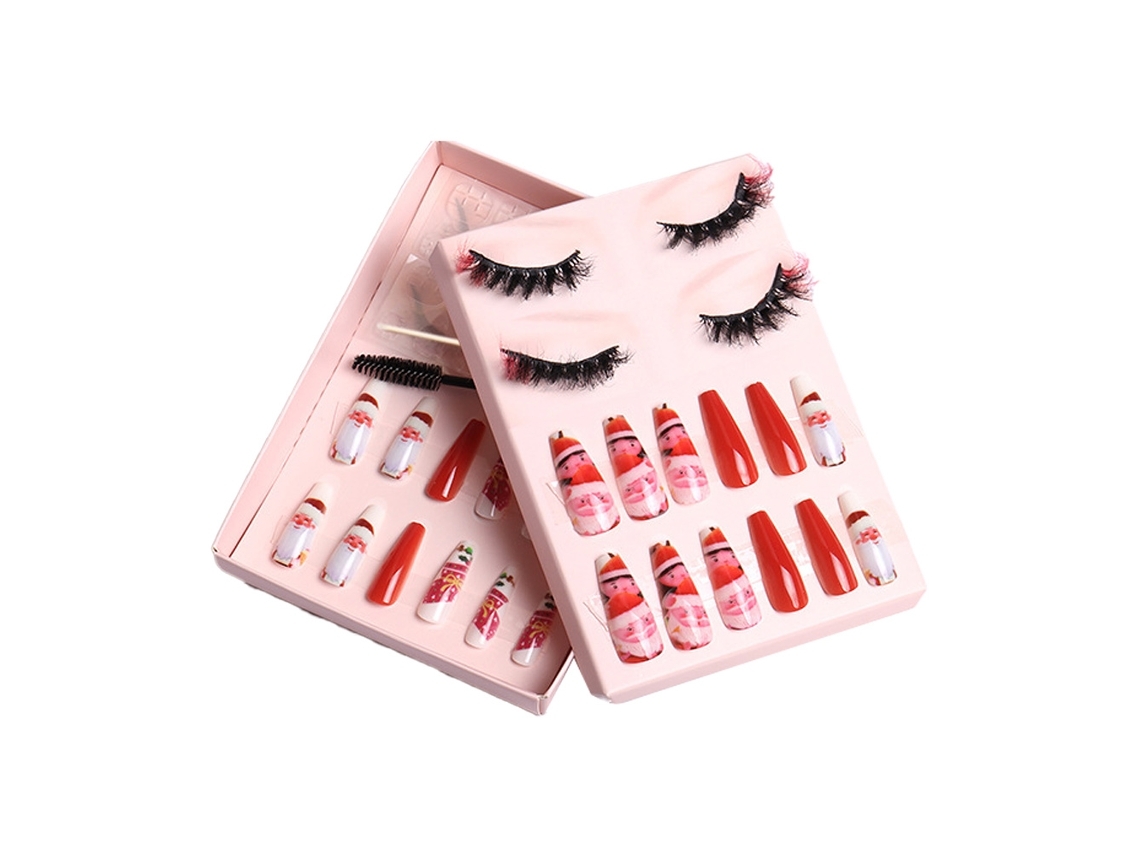 Uñas Postizas Navideñas Con Forma De Ataúd, Juego De 24 Piezas, Uñas Postizas Artificiales Con Pestañas Postizas, Estilo 4*