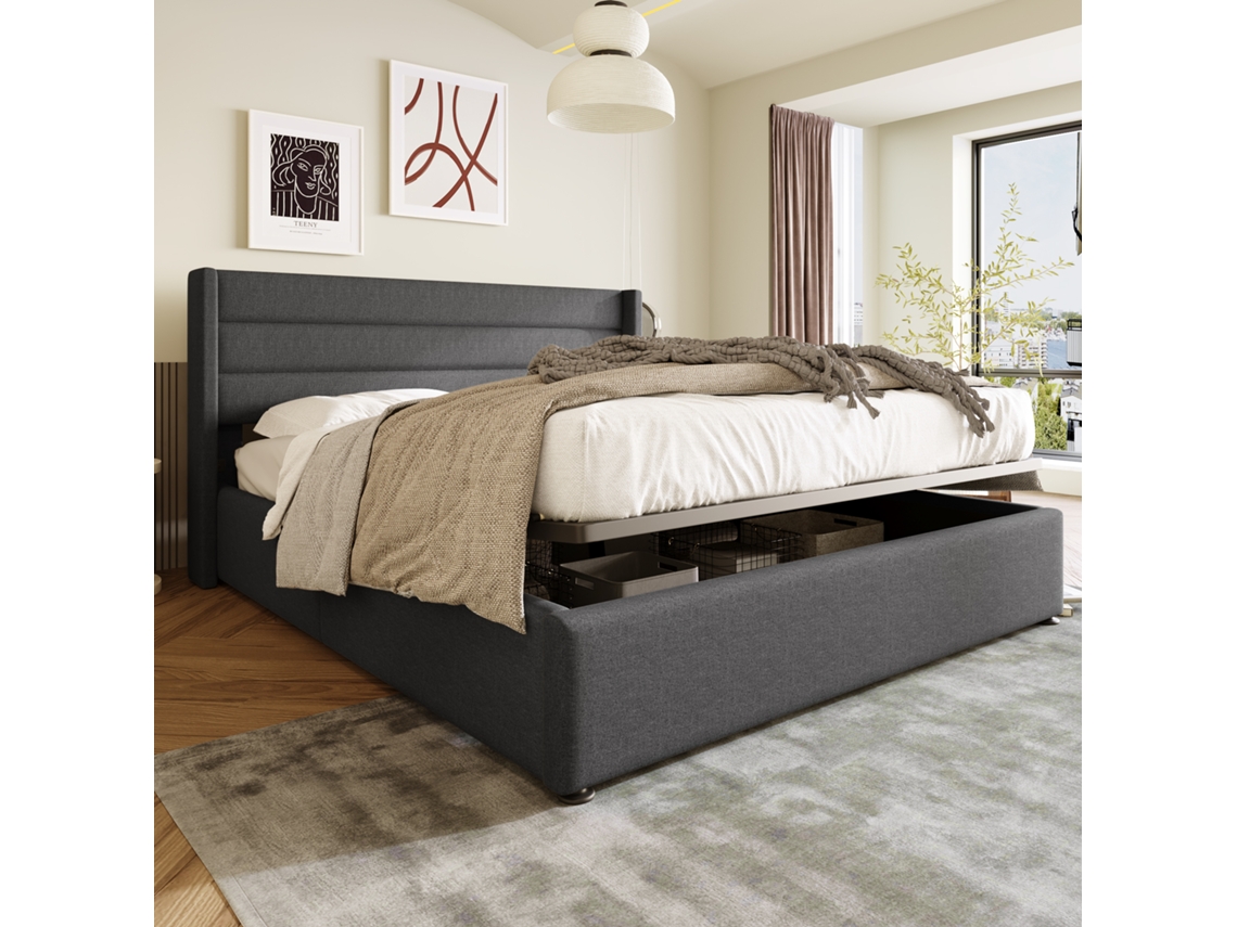 Cama De Lino Gris De 160x200 Con Almacenamiento