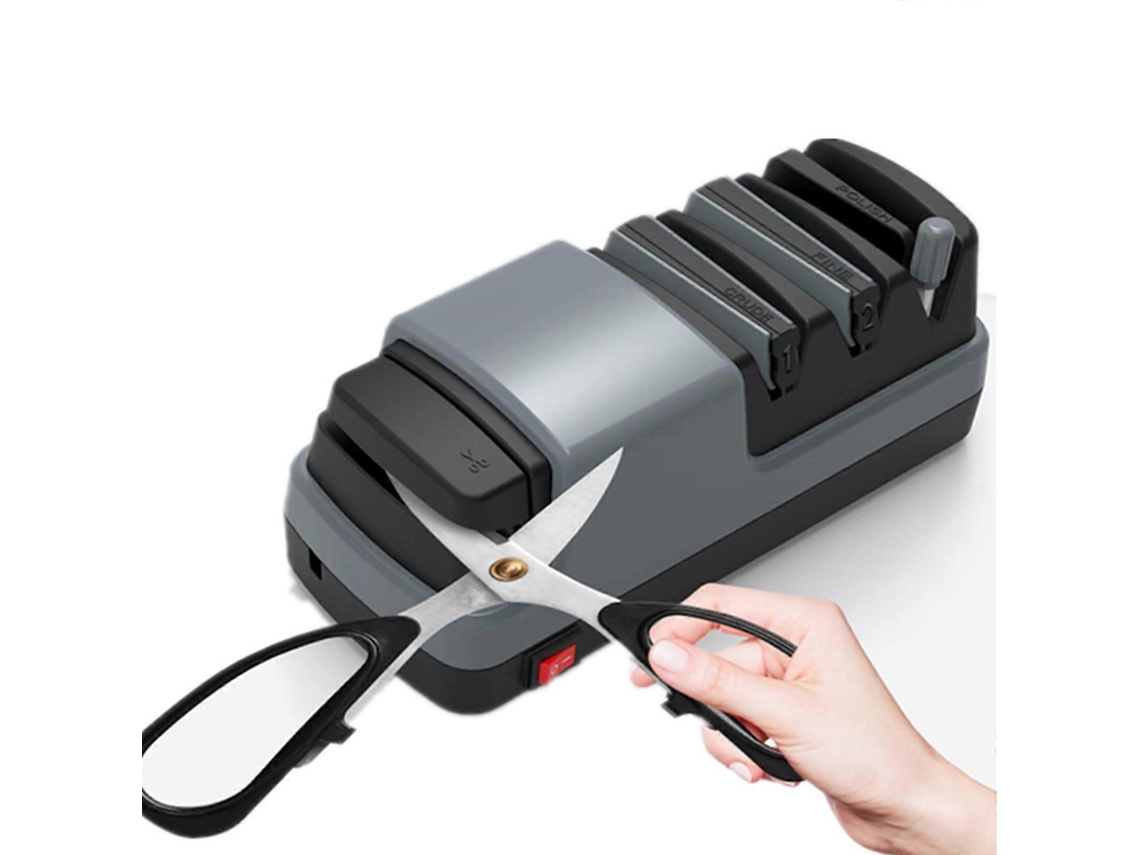 Afilador eléctrico profesional para cuchillos de cocina con 3 etapas, ranura para tijeras y afilado de precisión.
