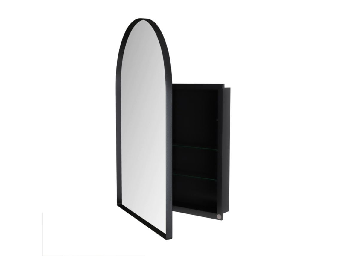 Armario con espejo arqueado de 91x61 cm para baño, 2 estantes de cristal, diseño moderno, fácil de limpiar, robusto y estable.