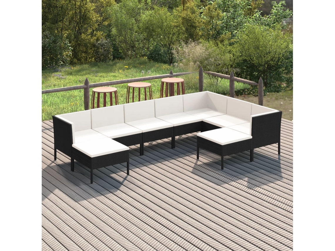 Conjunto de jardín de 9 piezas con cojines, mimbre sintético negro, DKD Home Decor