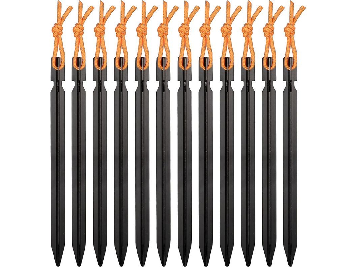 12 clavos de aluminio resistentes con cuerda reflectante para uso en exteriores, camping y playa.