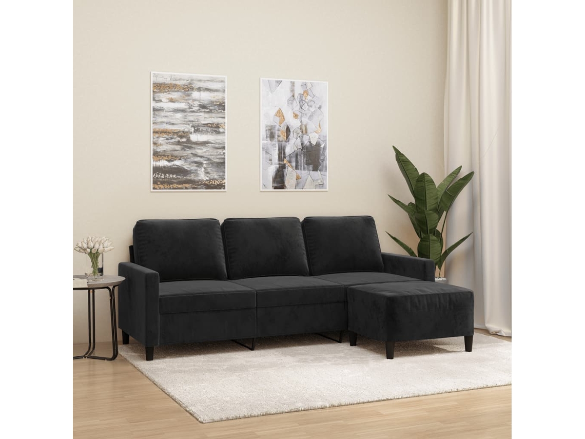 Sofá De 3 Plazas Con Taburete De Terciopelo Negro 180 Cm