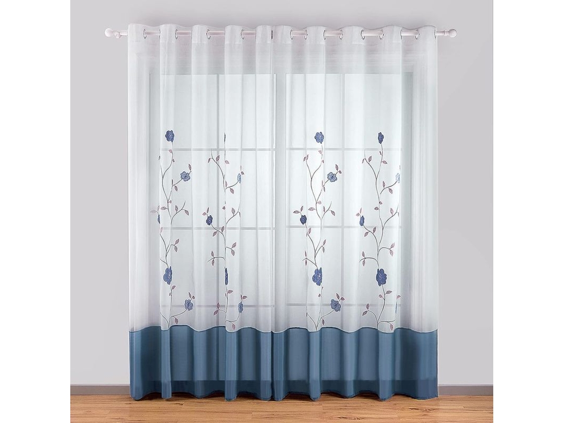 2026-3593-cortina Transparente De Encaje Floral Linjou 1 Panel 140x260cm Azul Para Dormitorio Cocina Salón 140cm X 260cm