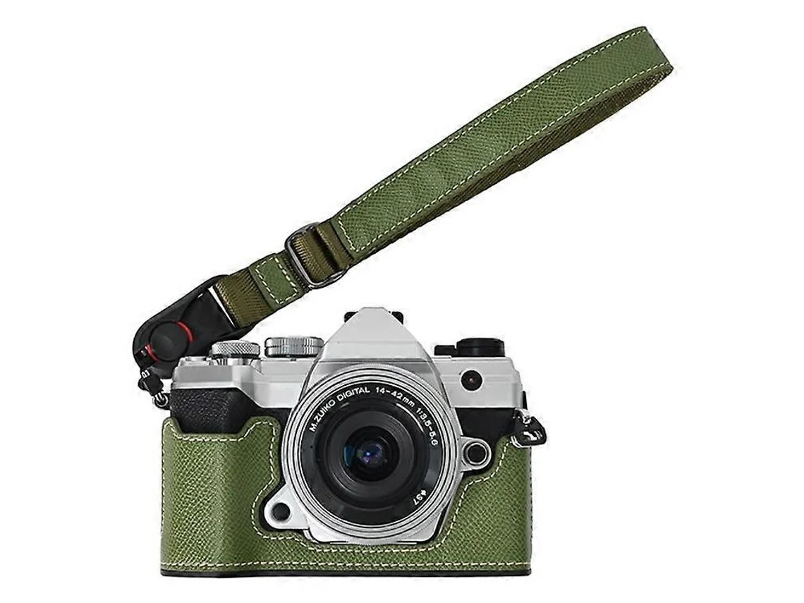 Estuche de cuero para cámara Olympus OM 5, ranura para batería, medio cuerpo, tapa inferior con correa de mano Facpoet