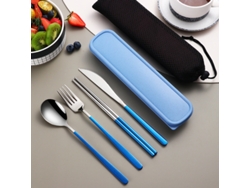 Juego de cubiertos portátil de acero inoxidable 304. Incluye cuchillo, tenedor, cuchara y estuche. Mdug (azul/plateado).