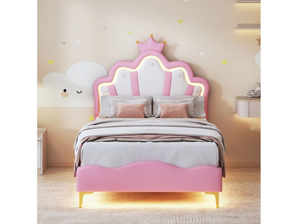 Cama Infantil Niña 90x200cm | Cama Princesa Blanca Con Luz Led | Nube Y Corona Ajustable
