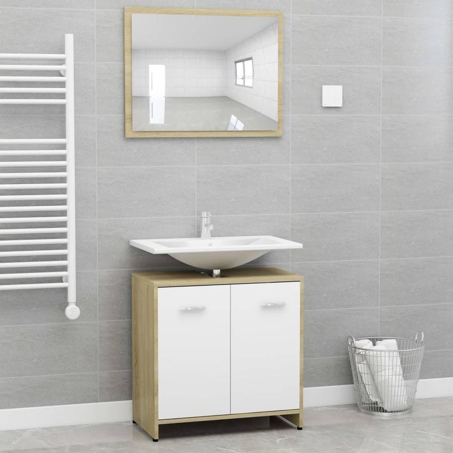 Conjunto De Muebles baño aglomerado blanco y roble sonoma vidaxl 802584