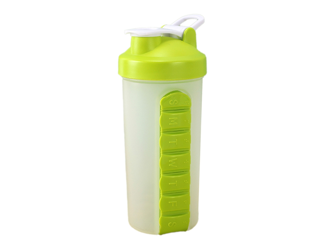 Garrafa De Água Com Porta-medicamentos Portátil Caixa De Remédios Para Esporte Viagem Verde 7 Dias 600ml