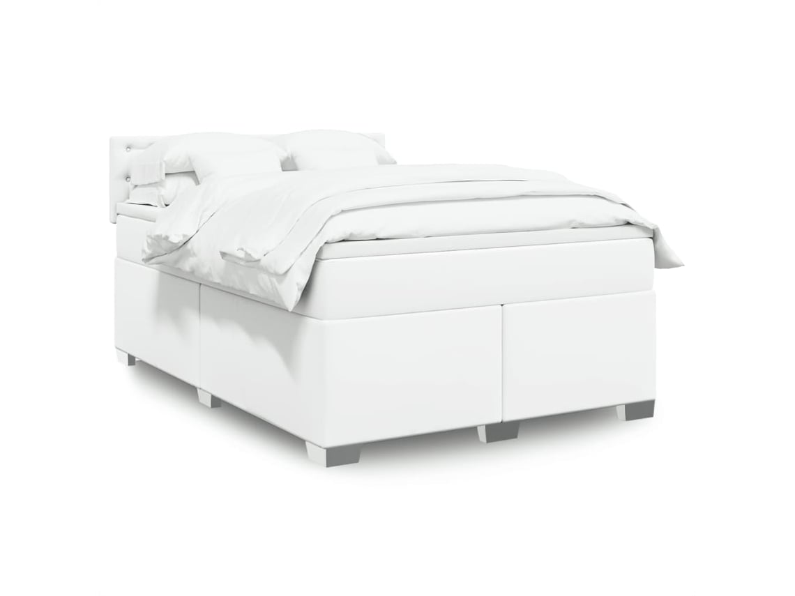 Cama Box Spring Con Colchón Cuero Sintético Blanco 160x200 Cm