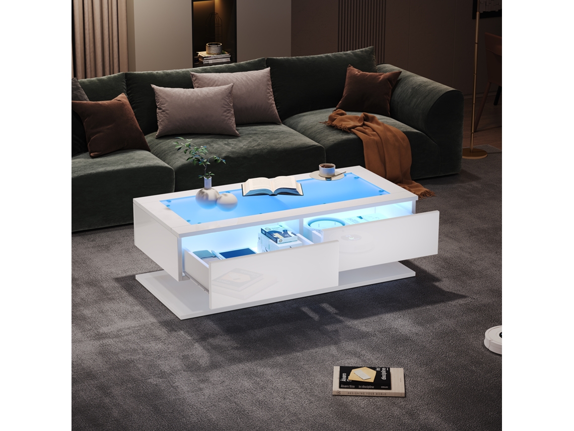 Elegante Mesa de Centro 100x50x35 cm con Acabado Brillo, Cajones, Luz LED y Tapa de Cristal (no aplicable)