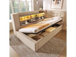 Cama Individual 90x200 - Led, Almacenamiento Hidráulico, Cabecero En L, Montaje Reversible - Beige