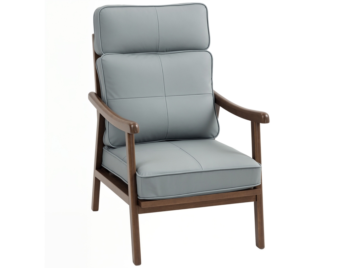 Sillón De Pu Con Estructura De Madera Y Cojines Gruesos Para Salón, Acabado En Nogal Gris.