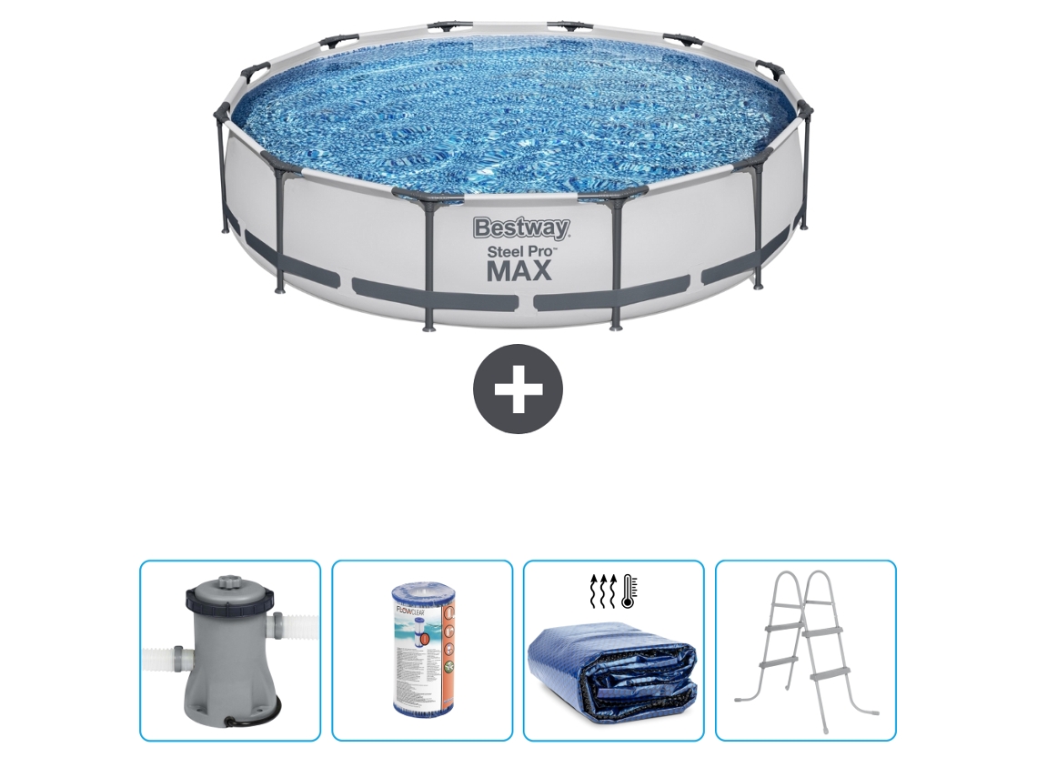 Piscina BESTWAY Round Steel Pro MAX - 366 x 76 cm - Gris - Bomba incluida Filtrar - Vela solar - Escalera