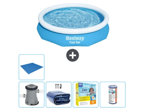 Piscina hinchable redonda Fast Set BESTWAY - 305 x 66 cm - Azul - Bomba incluida Vela solar - Paquete de mantenimiento - Filtrar - Suelo