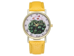 Reloj De Pulsera Unisex De Cuarzo Zhoulianfa Con Correa De Piel Sintética Con Estampado De Cactus Amarillo.