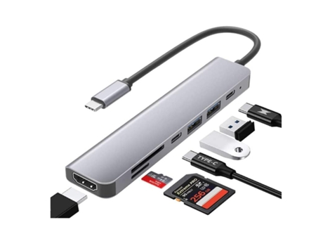 Hub Splitter Dock 7 En 1 Dual Usb 3.0 Multi Puerto Hdmi 4K 60Hz Tipo-C Carga Rápida Lector De Tarjetas Sd/Tf Gris BISBISOUS