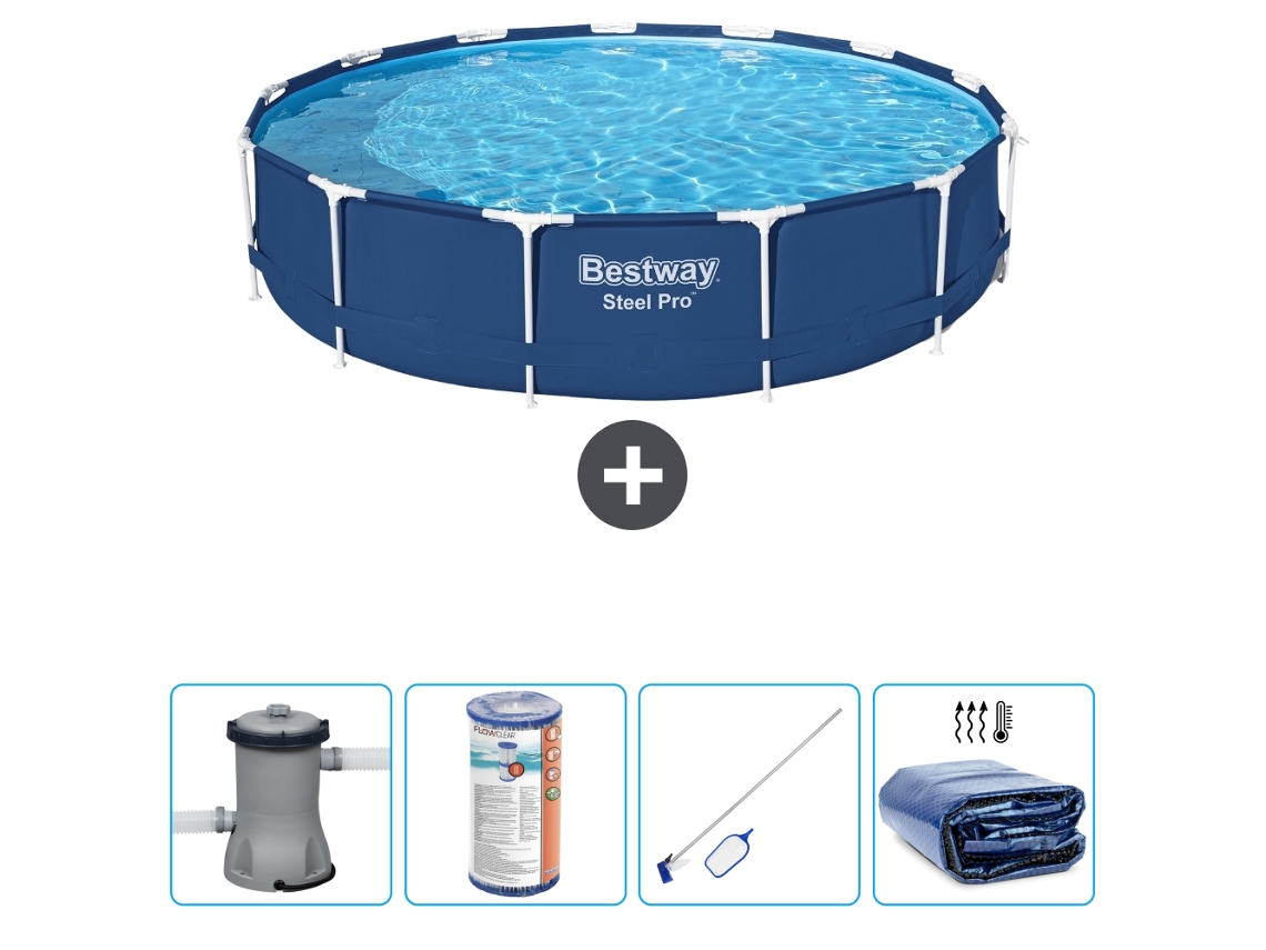 Piscina BESTWAY Round Steel Pro - 396 x 84 cm - Azul - Bomba incluida Filtrar - kit de limpieza - Vela solar
