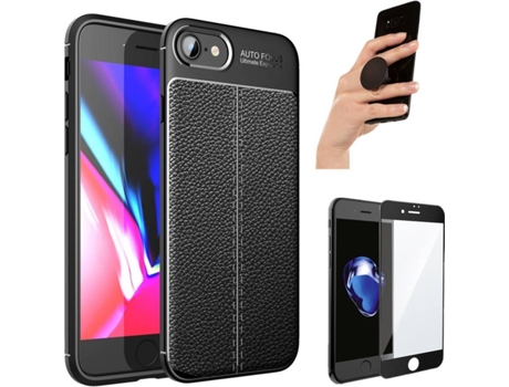 Carcasa + Protector + Popsocket iPhone SE 2020 Rugged Leather Negro