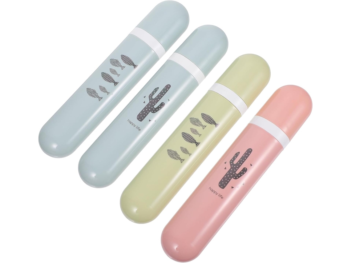 Juego de 4 portacepillos de plástico con tapa, diseño redondo y colores surtidos, ideales para la higiene bucal.