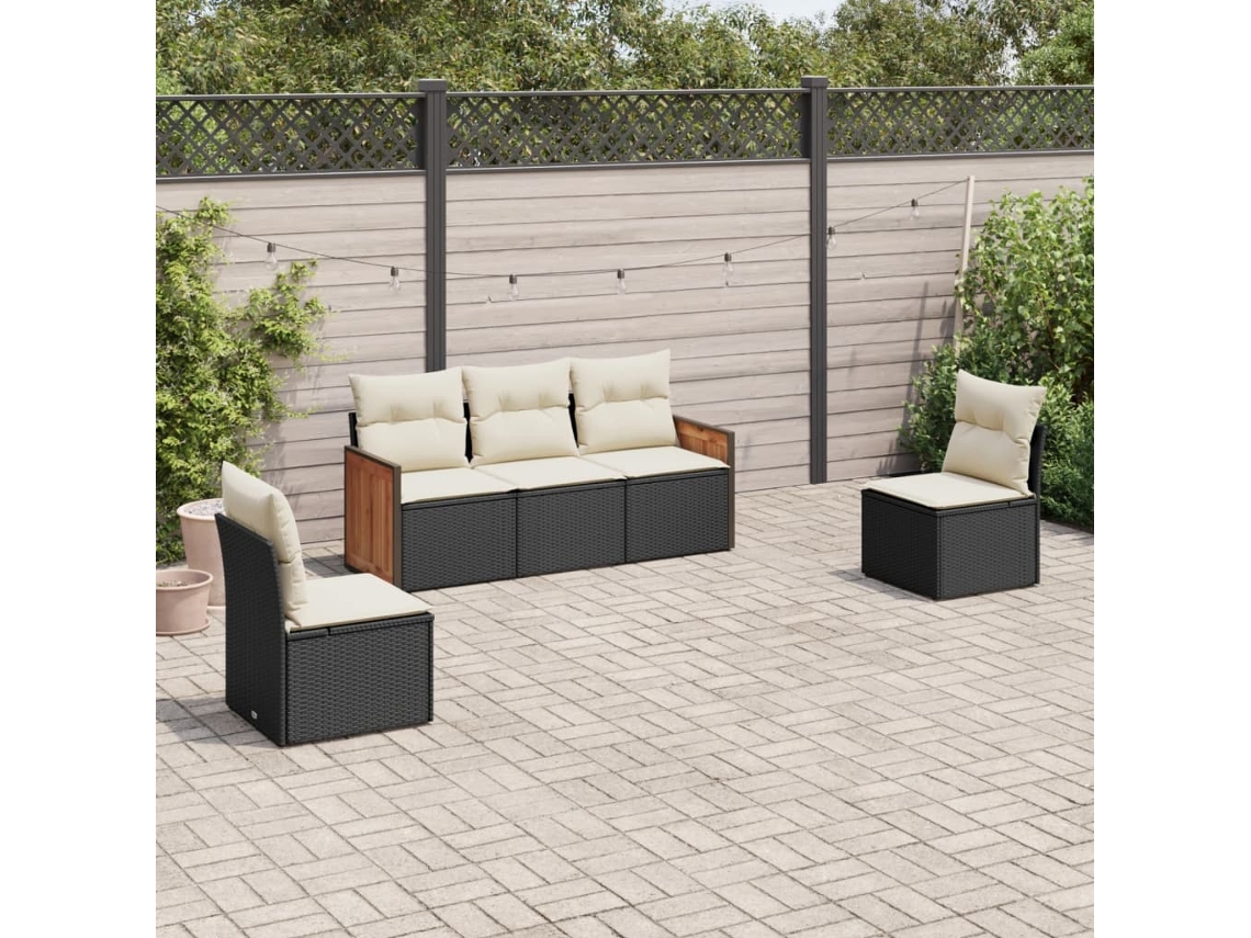 Conjunto de sofá de jardín de 5 piezas con cojines de mimbre sintético negro, Dkd Home Decor