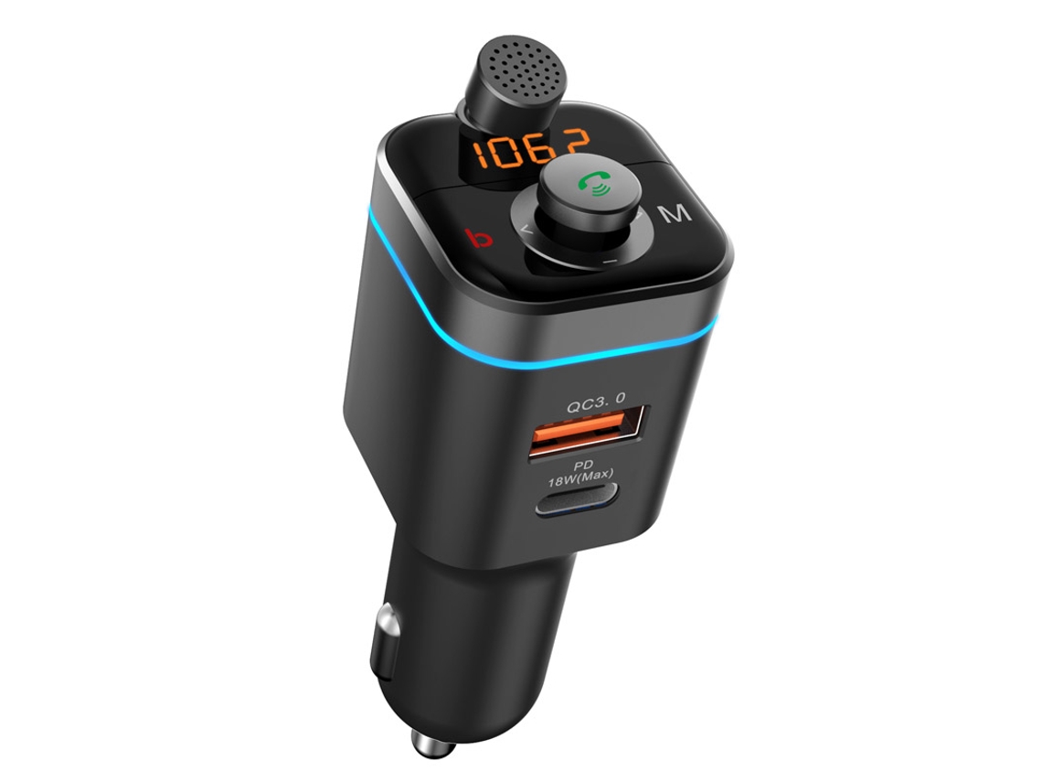 Kit de coche Bluetooth 5.0 Transmisor FM inalámbrico manos libres Reproductor de MP3 para coche QC3.0 + PD 18W Cargador USB con sonda de micrófono giratoria (Negro) ENZONS