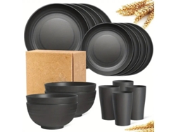 Vajilla De Paja De Trigo Para El Hogar De 16 Piezas, Platos Y Cuencos Reutilizables, Gris Oscuro GERTIZ