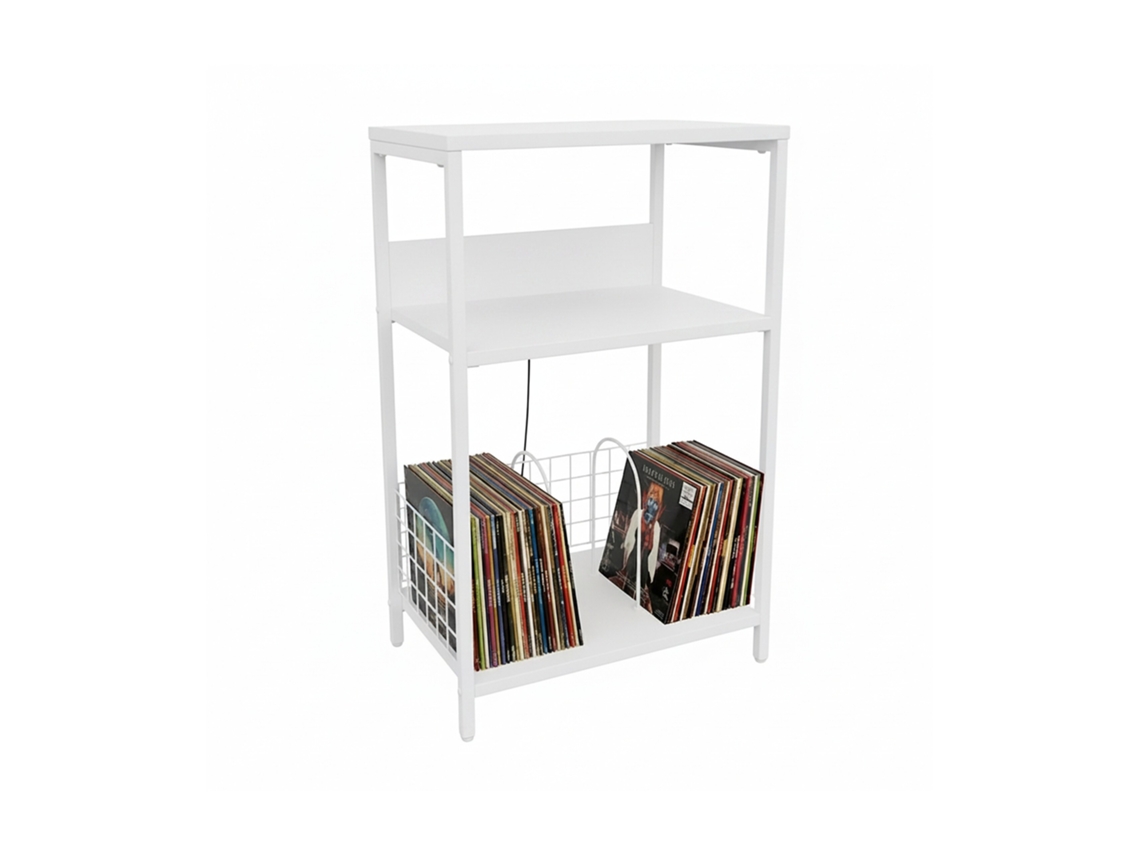 Relaxdays Mesa Para Tocadiscos, 3 Niveles, Separadores, Hbt: 65x40x30 Cm, Hierro, Mdf, Blanco