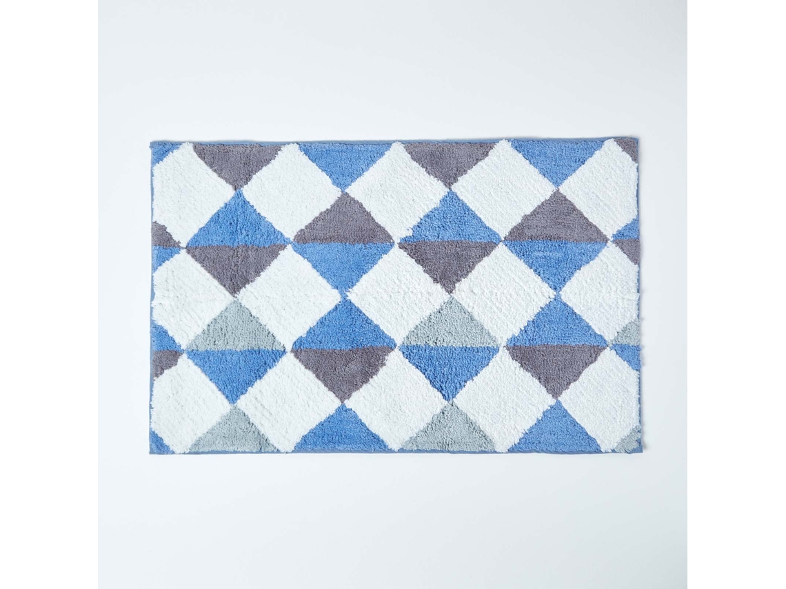 Homescapes Harlequin Pattern Blue And White Cotton Bath Mat