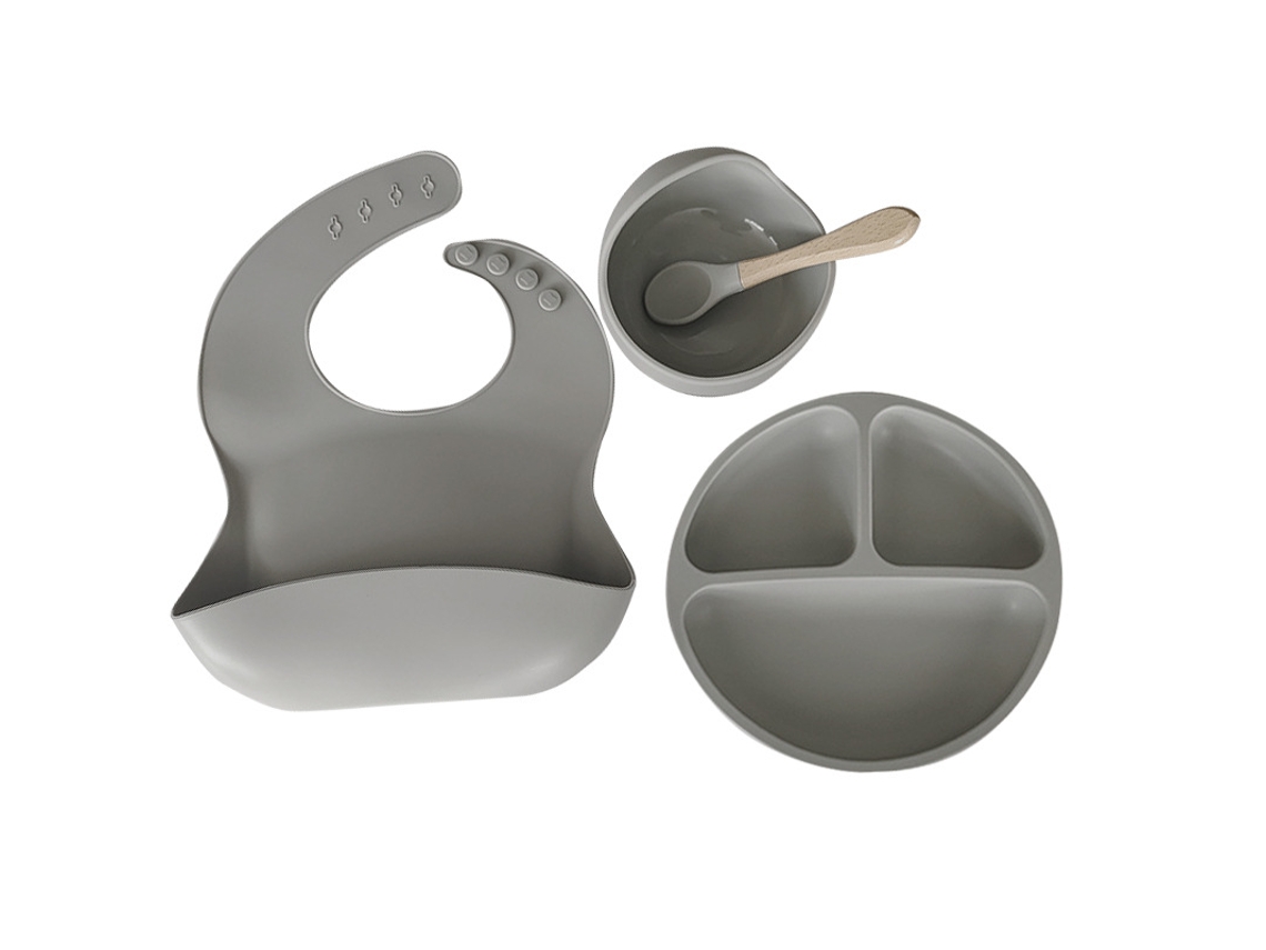 Set 4 Piezas Vajilla Silicón Bebé – Gris, Anti Golpes, Duradero