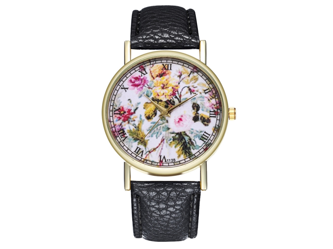 Reloj De Pulsera De Cuarzo Para Mujer Con Correa De Piel Sintética, Estilo Floral Sencillo, Negro.
