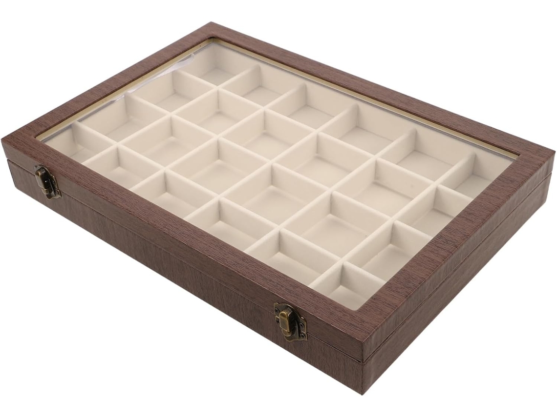 Joyero De Madera Vintage Con 24 Compartimentos Y Tapa De Cristal Para Guardar Collares Y Pulseras.