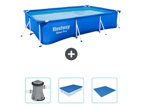 Piscina BESTWAY Rectangular Steel Pro - 300 x 201 x 66 cm - Azul - Incluida Bomba - Cubrir - Suelo