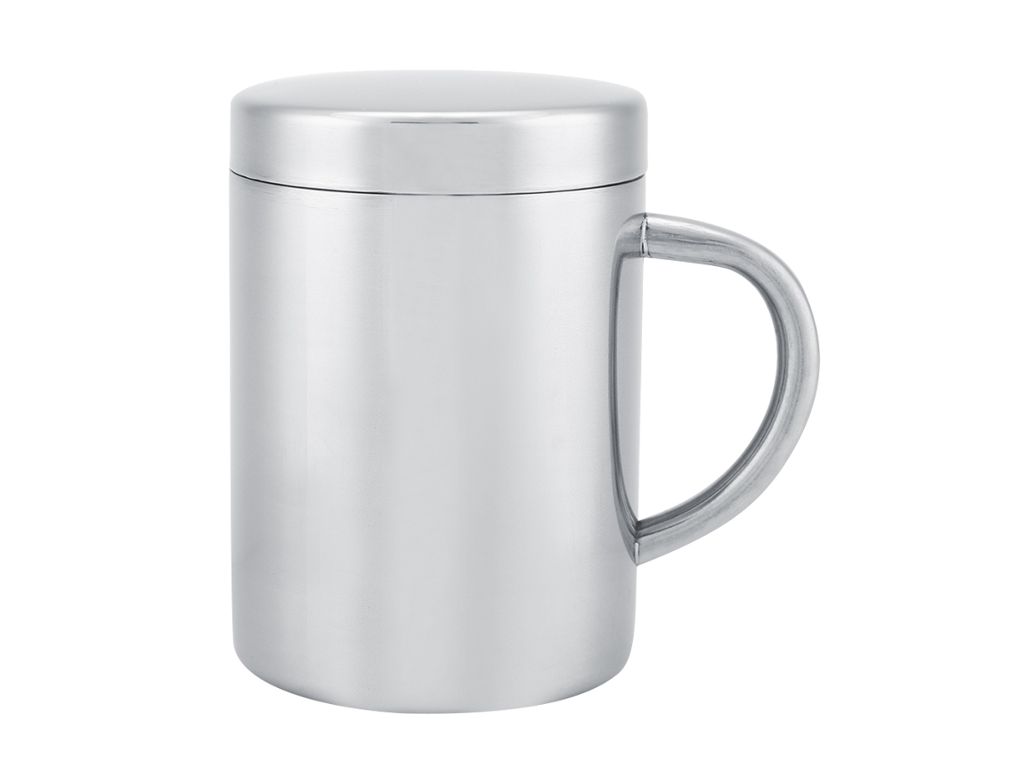 Taza aislante de acero inoxidable con tapa y asa. KOFIHETY