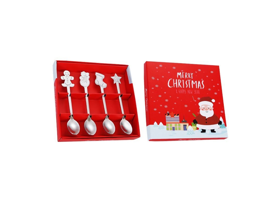 Juego de cucharas navideñas de acero inoxidable con 8 piezas y cajas de regalo para café, postres y té.